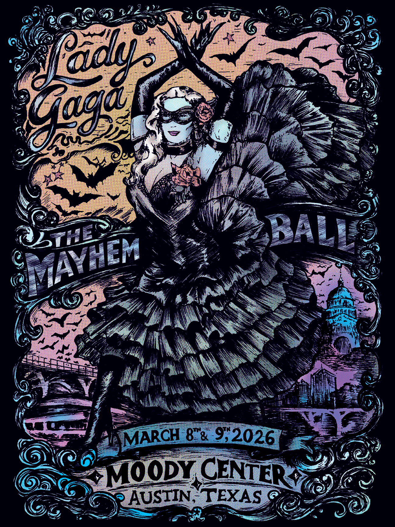 Lady Gaga concert poster illustrated by Jerm Carrus featuring a masked dancer in a dramatic black ruffled dress surrounded by bats and ornate gothic framing for The Mayhem Ball at Moody Center in Austin, Texas (March 8–9, 2026)