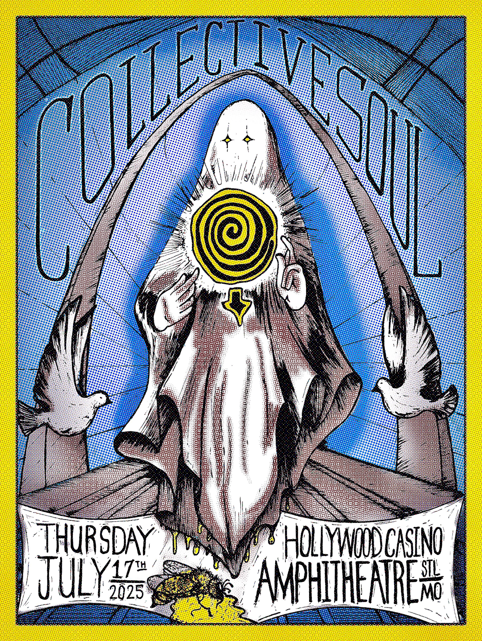 Collective Soul concert poster illustrated by Jerm Carrus featuring a robed figure with a hypnotic spiral face standing beneath the Gateway Arch with doves and a dripping honey motif at Hollywood Casino Amphitheatre in St. Louis, Missouri (July 17, 2025)