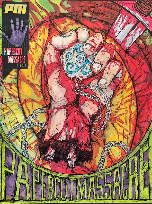 Papercut Massacre poster illustrated by Jerm Carrus featuring a blood-soaked hand gripping a chained pendant with vivid neon colors and chaotic abstract background (2025)