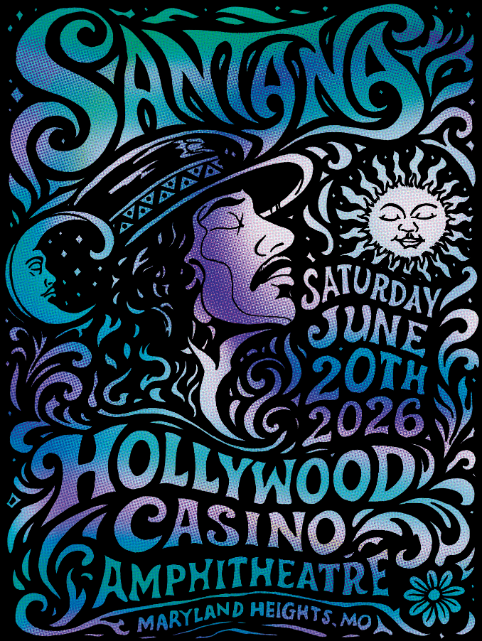 Psychedelic rock poster artwork by Jerm Carrus (@jermsdrawings) inspired by the San Francisco Fillmore concert poster tradition. The design features a stylized profile portrait of Carlos Santana surrounded by flowing organic shapes, a sun and moon motif, and hand-lettered typography. The artwork uses shimmering blue, turquoise, purple, and black tones and includes the concert information: Santana, Saturday June 20th, 2026, Hollywood Casino Amphitheatre, Maryland Heights, Missouri.