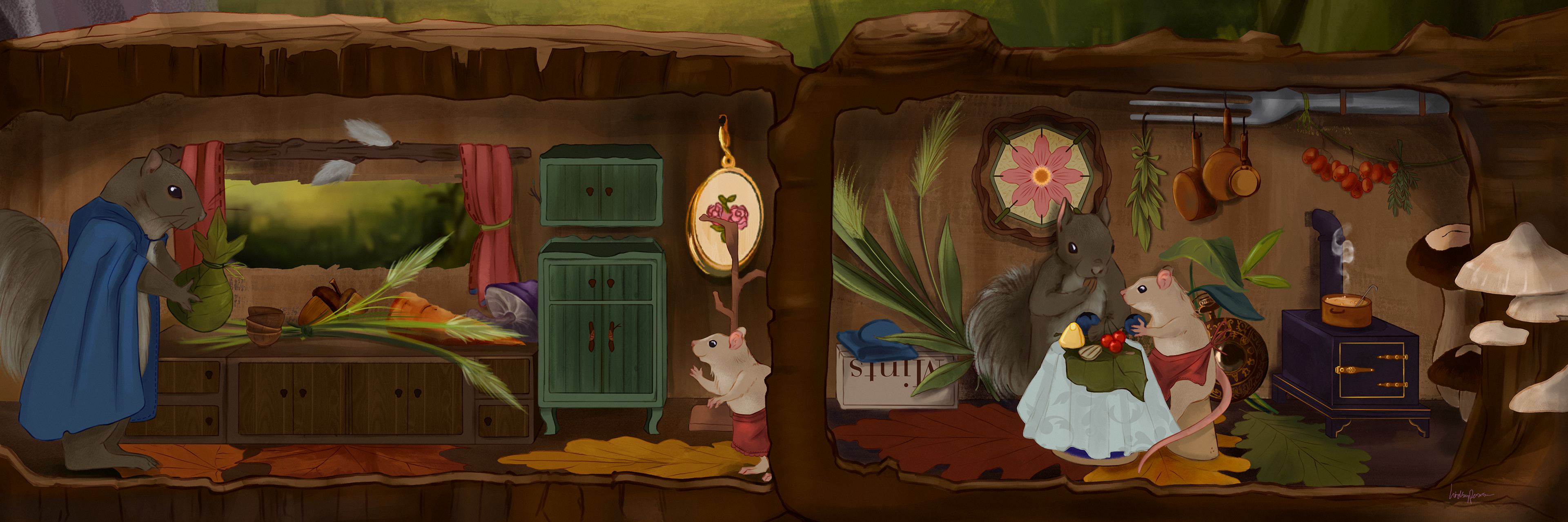 A Visit From a Friend - Illustrations from a postcard set (this image would have been split in two and when put together they create one scene)