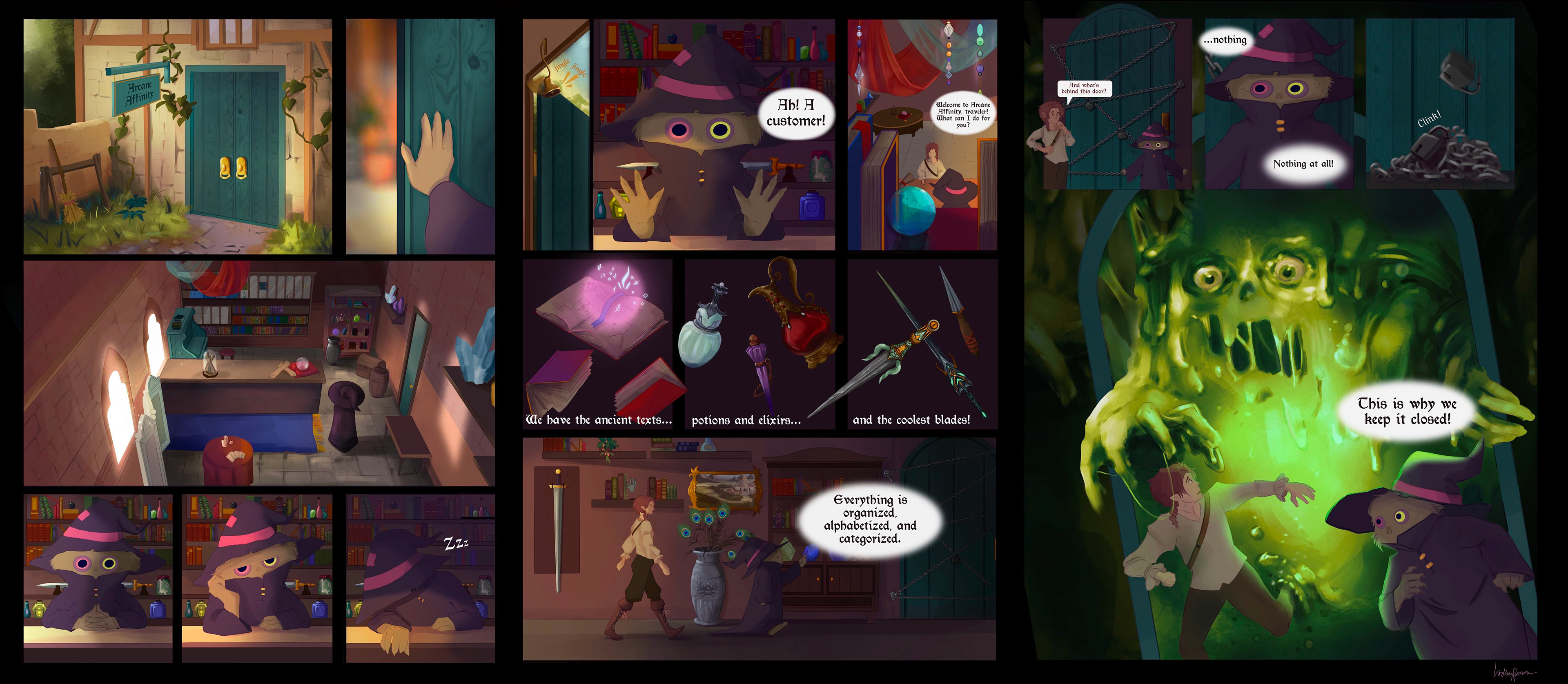 Out of Sight, Out of Mind - 3 page comic where a magic shop owner is hiding something in the back room