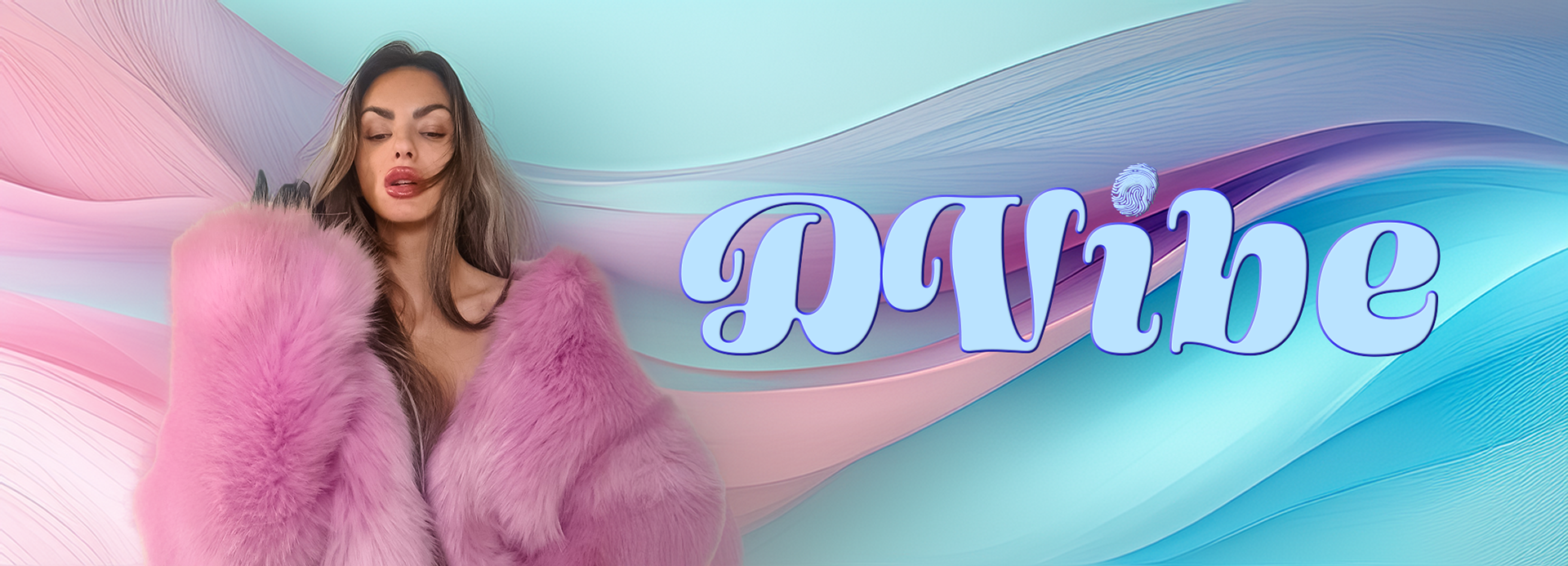A photos of the music artist Dvibe along with her logo. She's wearing a pink faux fur coat. 