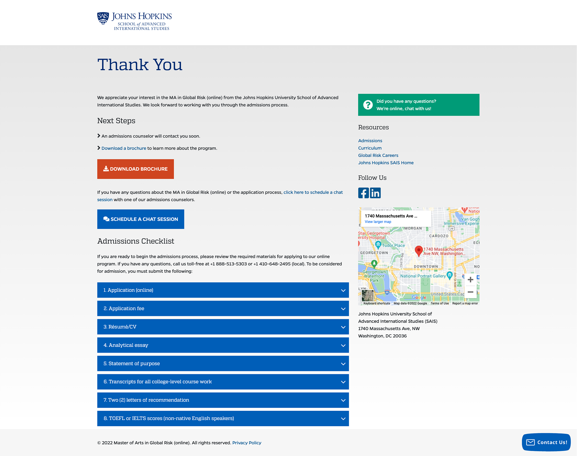 Thanks page after successful RFI submission