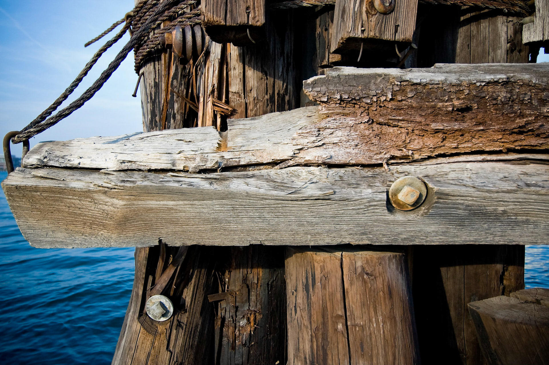 Detail study of dolphin piling timbers and fittings