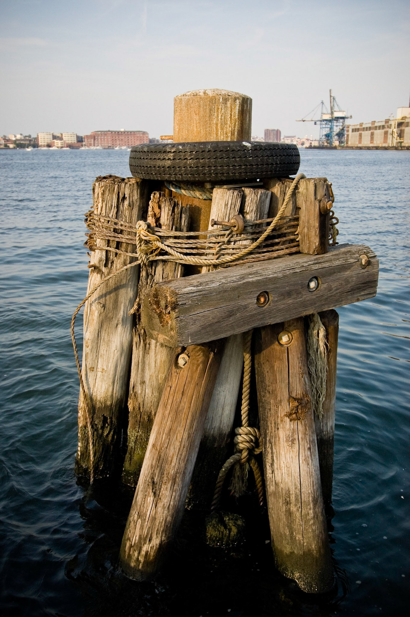 A cluster of joined timbers forms a mooring dolphin near General Ship Repair