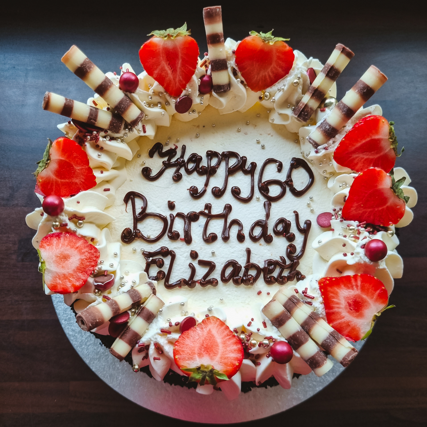 Cream and Strawberries Birthday cake with message