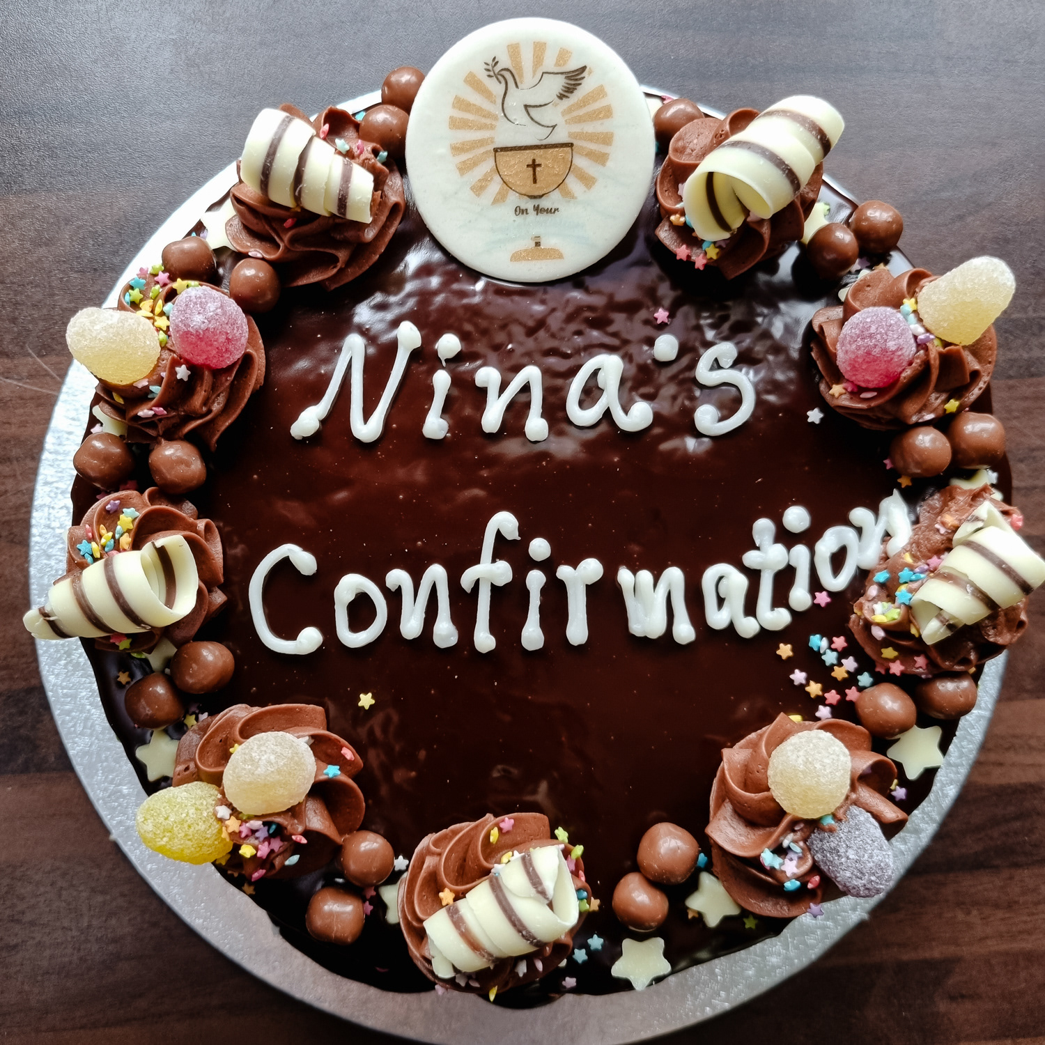 Chocolate Fudge Confirmation cake with message