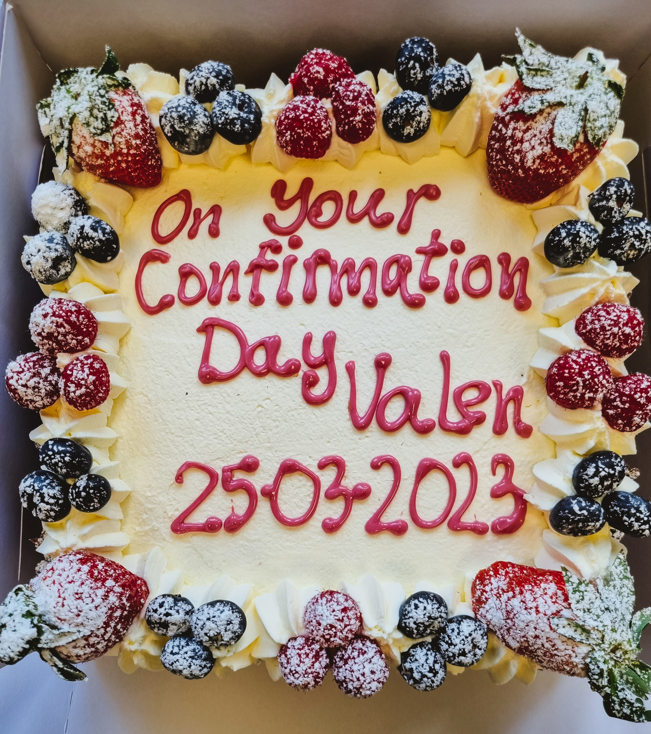Cream and Strawberries Confirmation cake with message