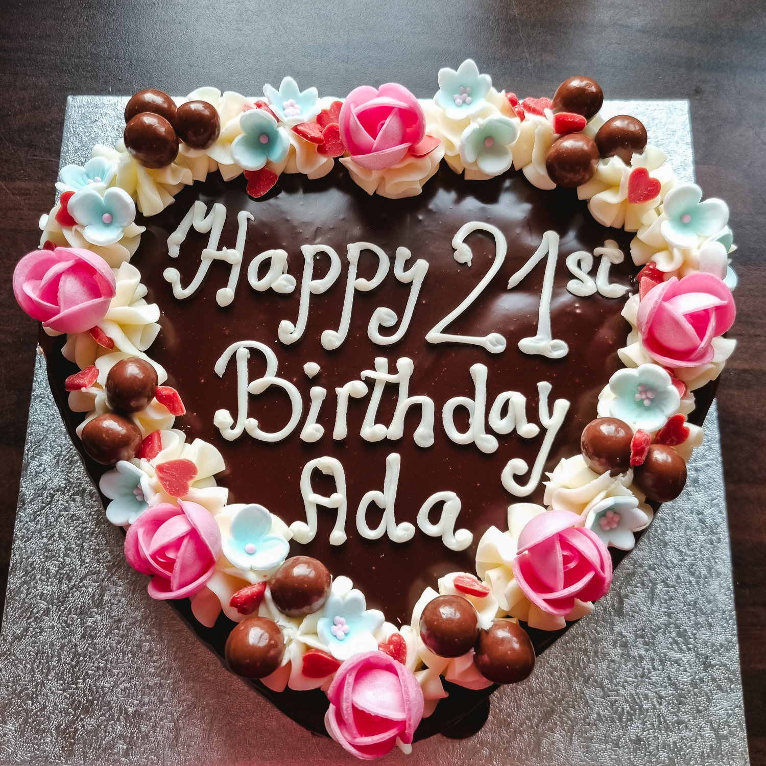 Heart Shaped Chocolate Fudge Birthday cake with message