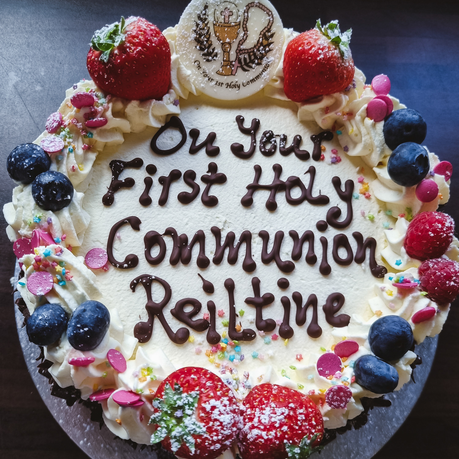 Cream and Strawberries Communion cake with personalized message