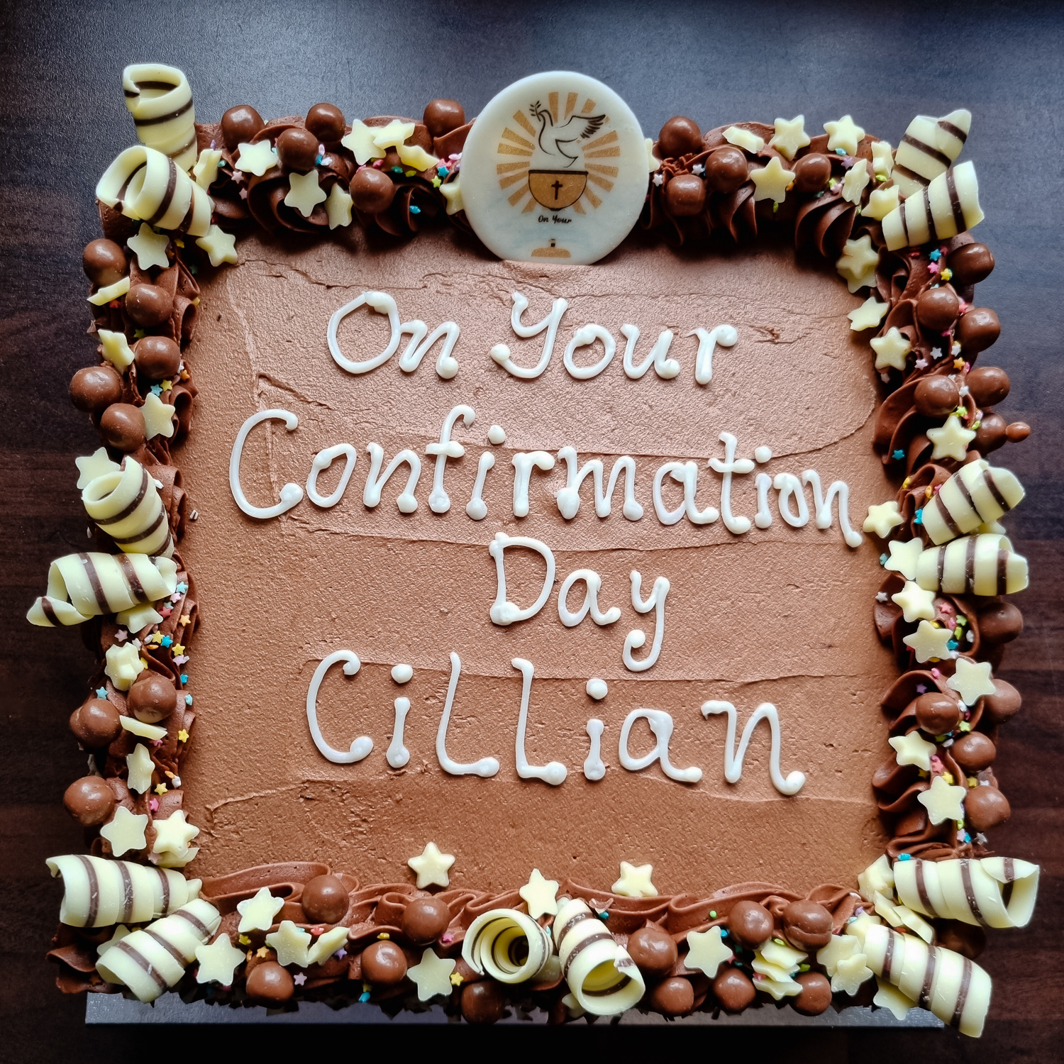 Chocolate buttercream Confirmation cake with message