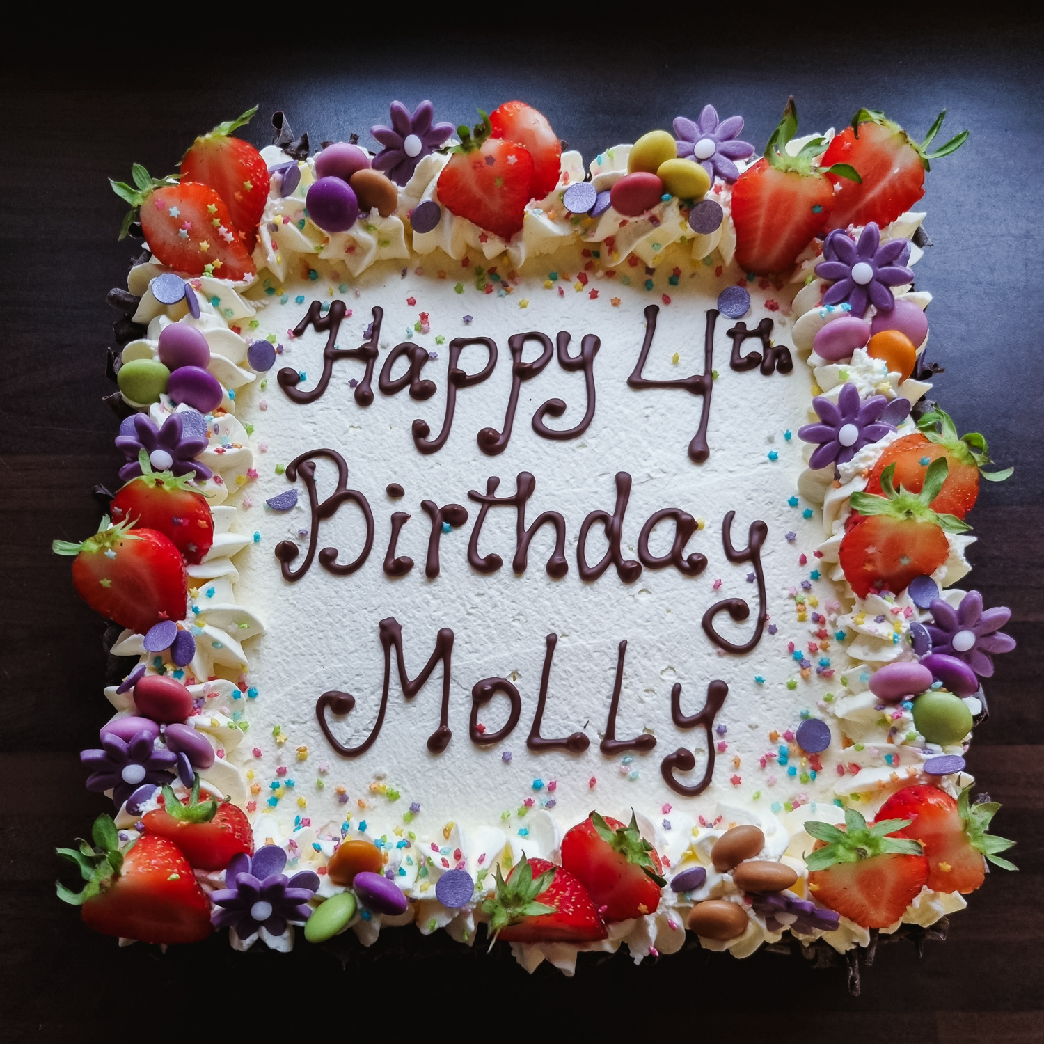 Cream and Strawberries Birthday cake with message