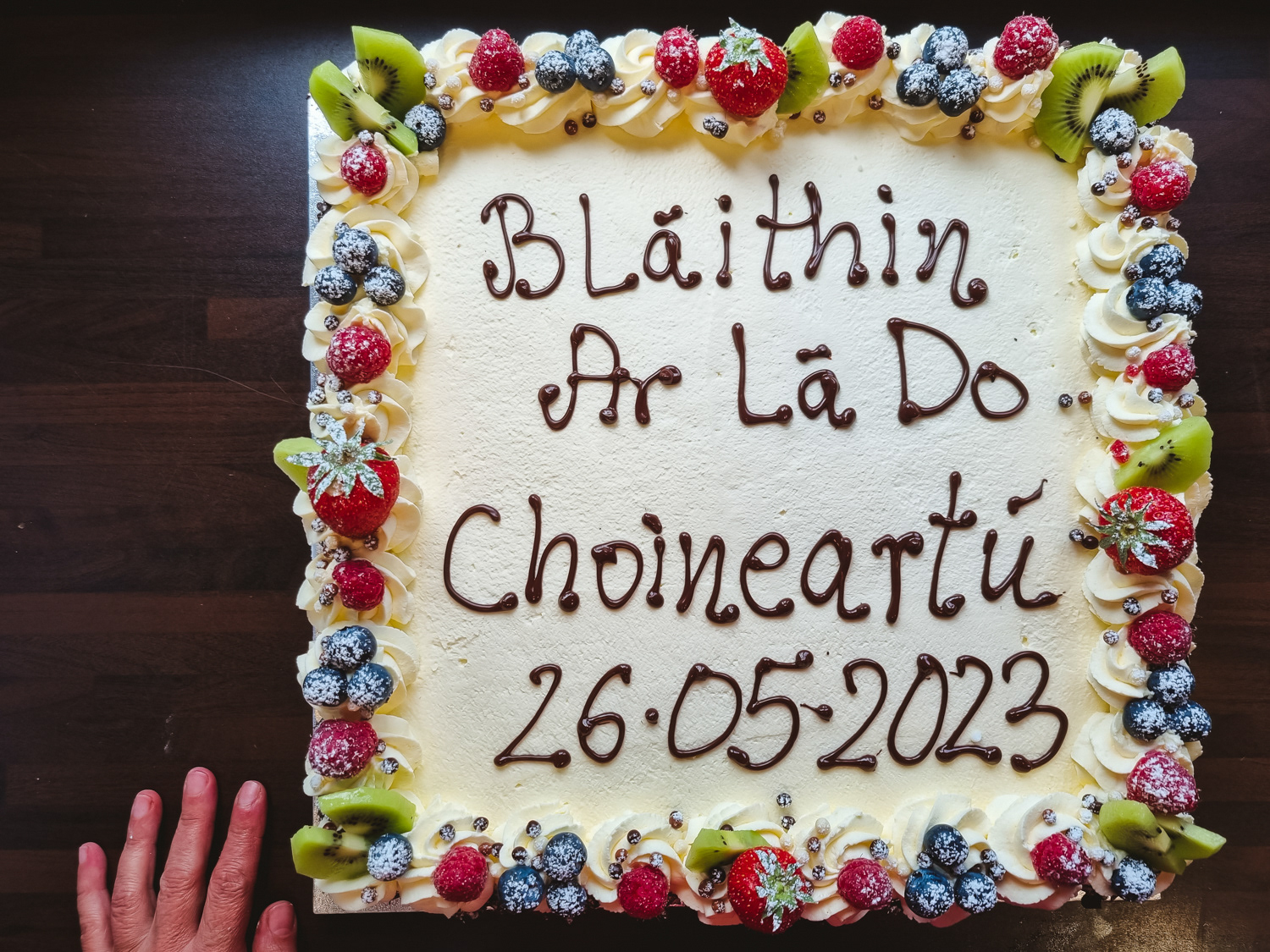Cream and Strawberries Confirmation cake with message