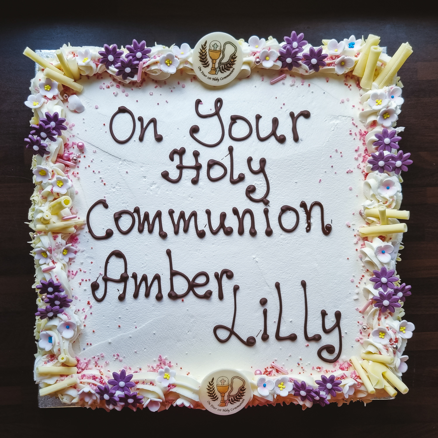 Cream and Strawberries Confirmation cake with message