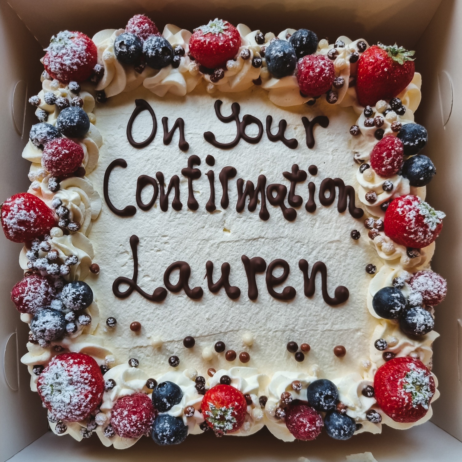 Cream and Strawberries Confirmation cake with message