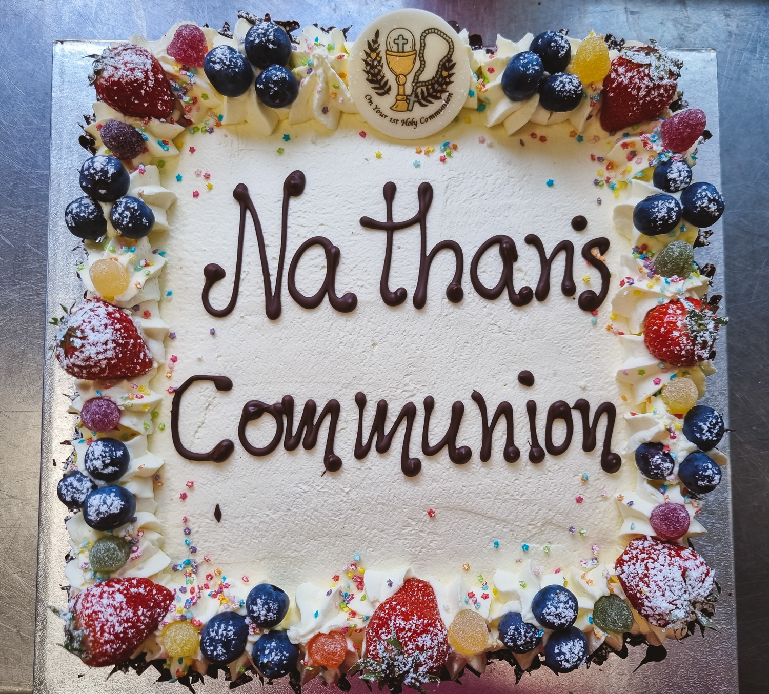 Cream and Strawberries Communion cake with personalized message