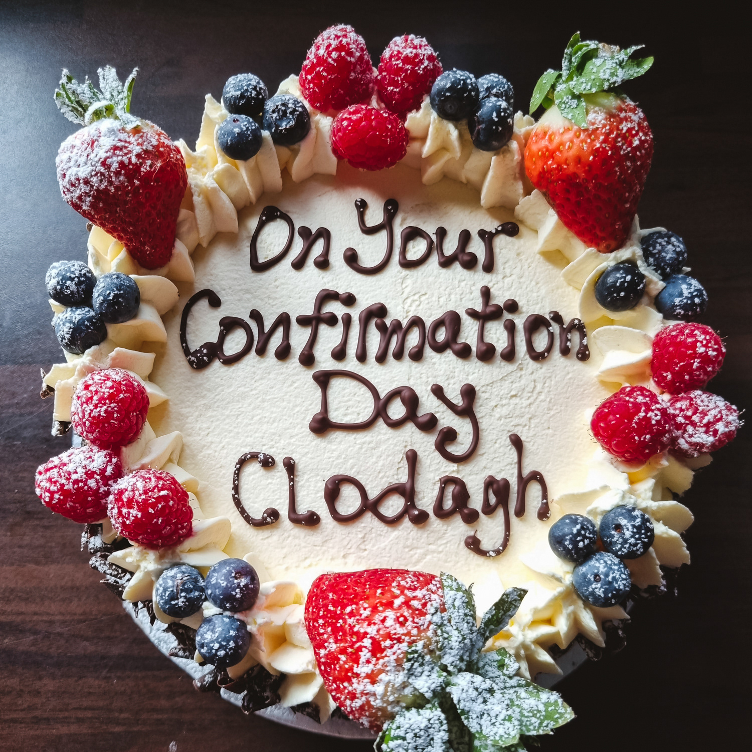 Cream and Strawberries Confirmation cake with message