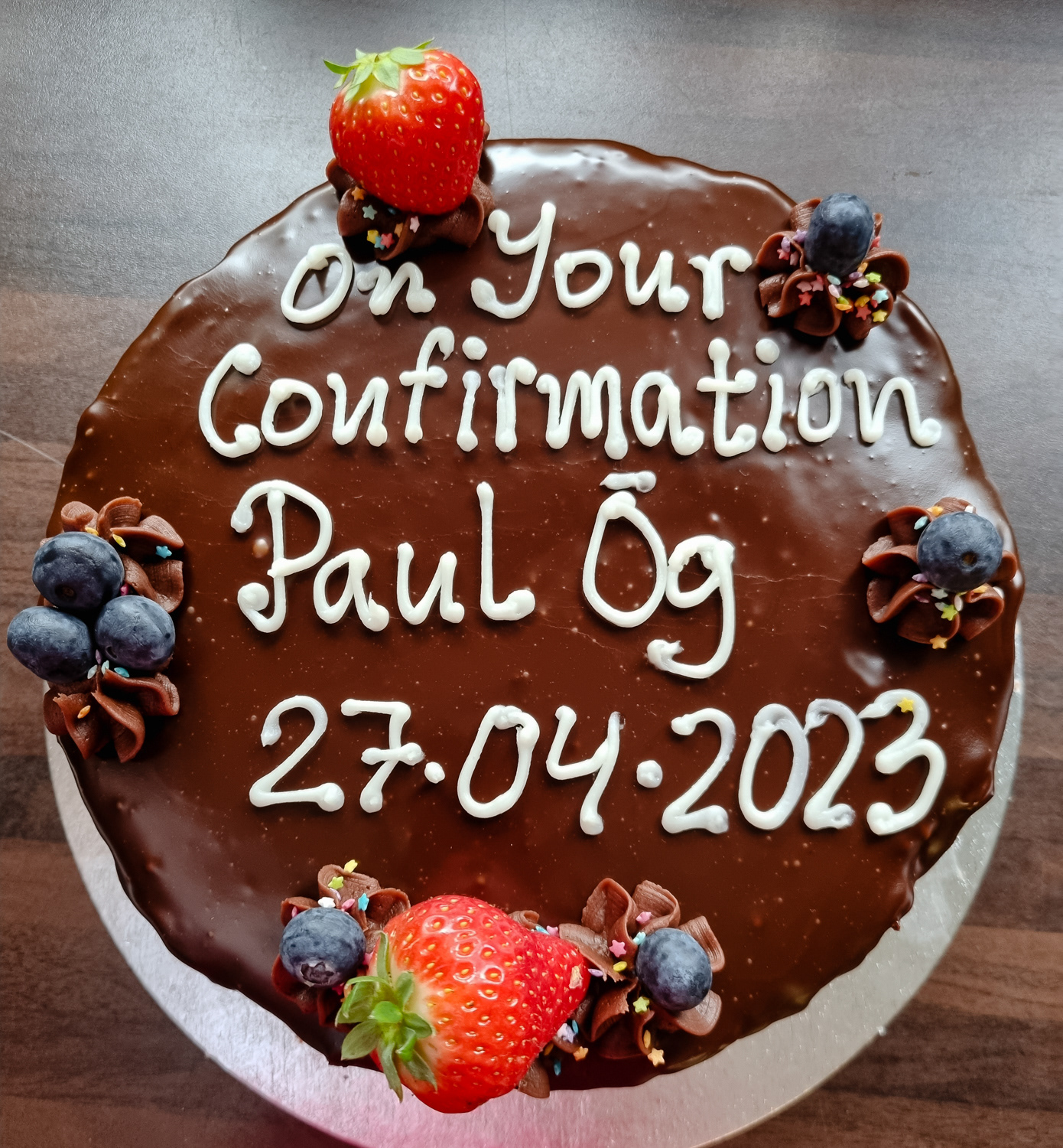 Chocolate Fudge Confirmation cake with message