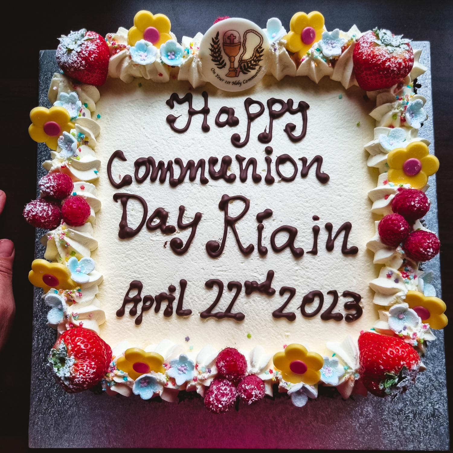 Cream and Strawberries Communion cake with personalized message