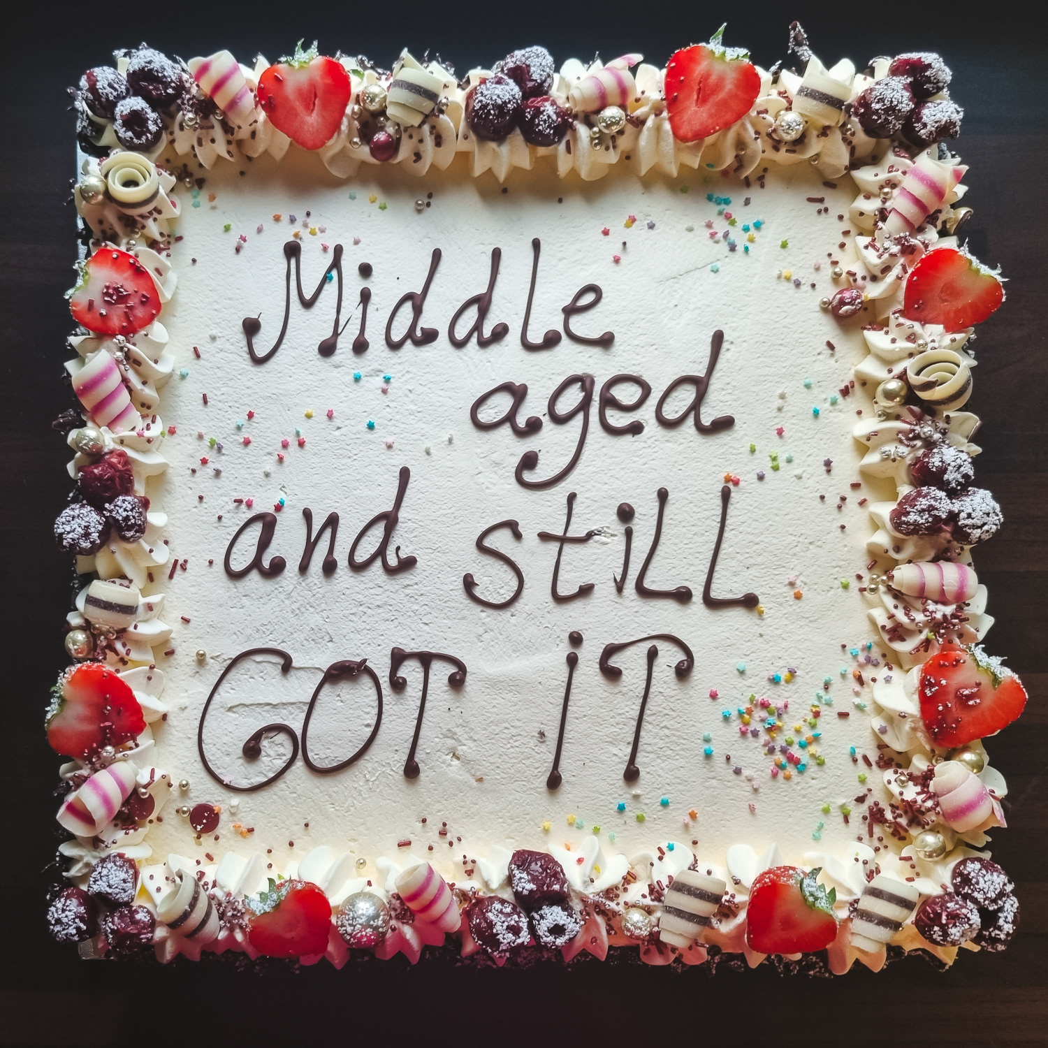 Cream and Strawberries Birthday cake with message