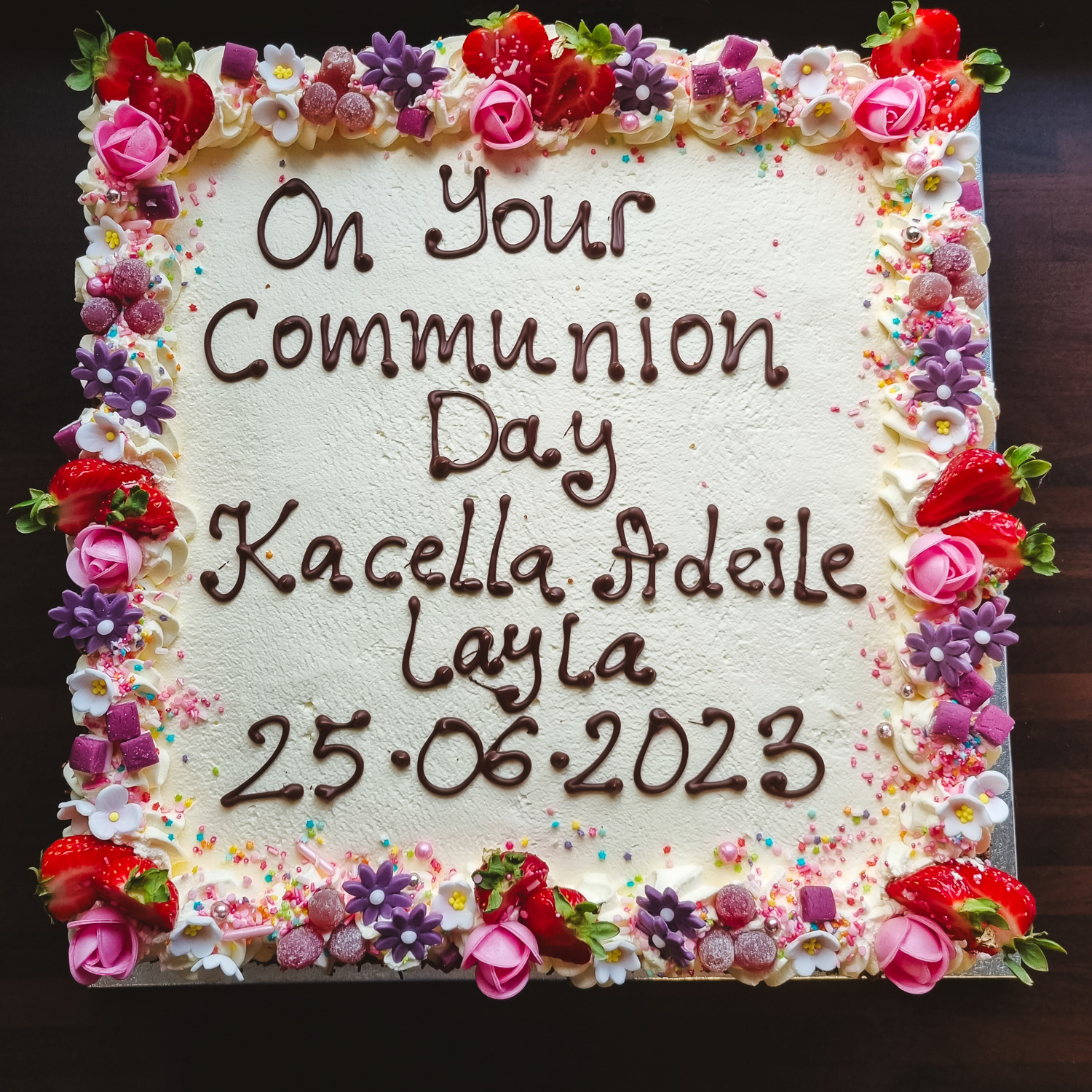 Cream and Strawberries Communion cake with personalized message