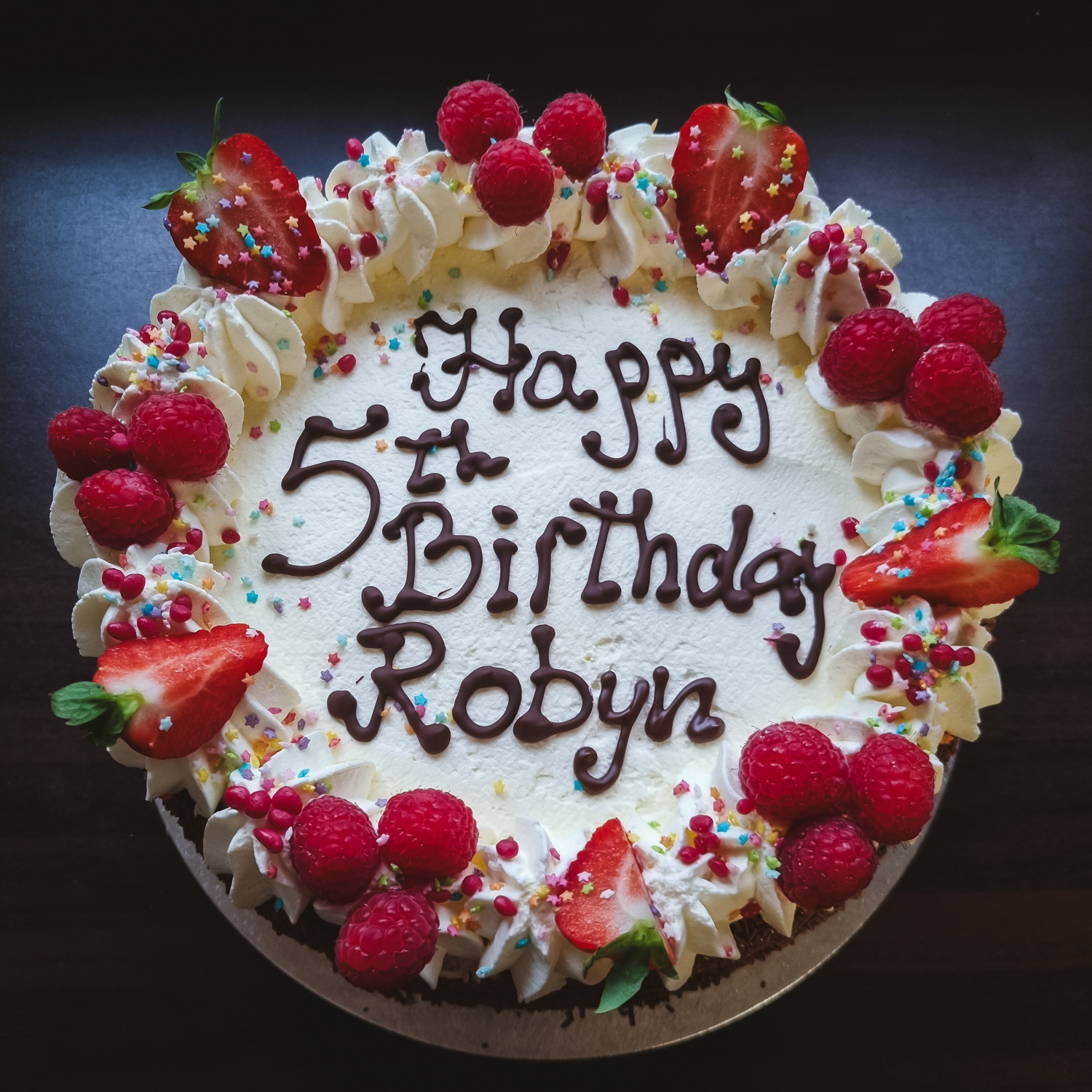 Cream and Strawberries Birthday cake with message