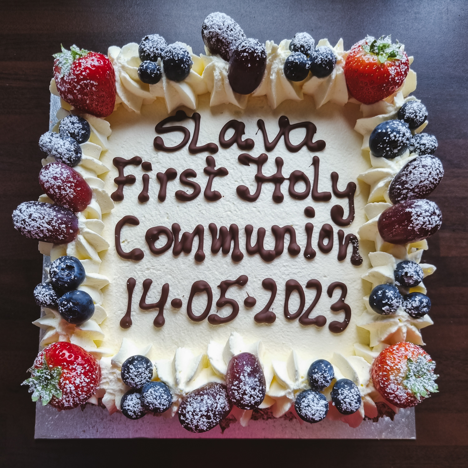 Cream and Strawberries Communion cake with personalized message