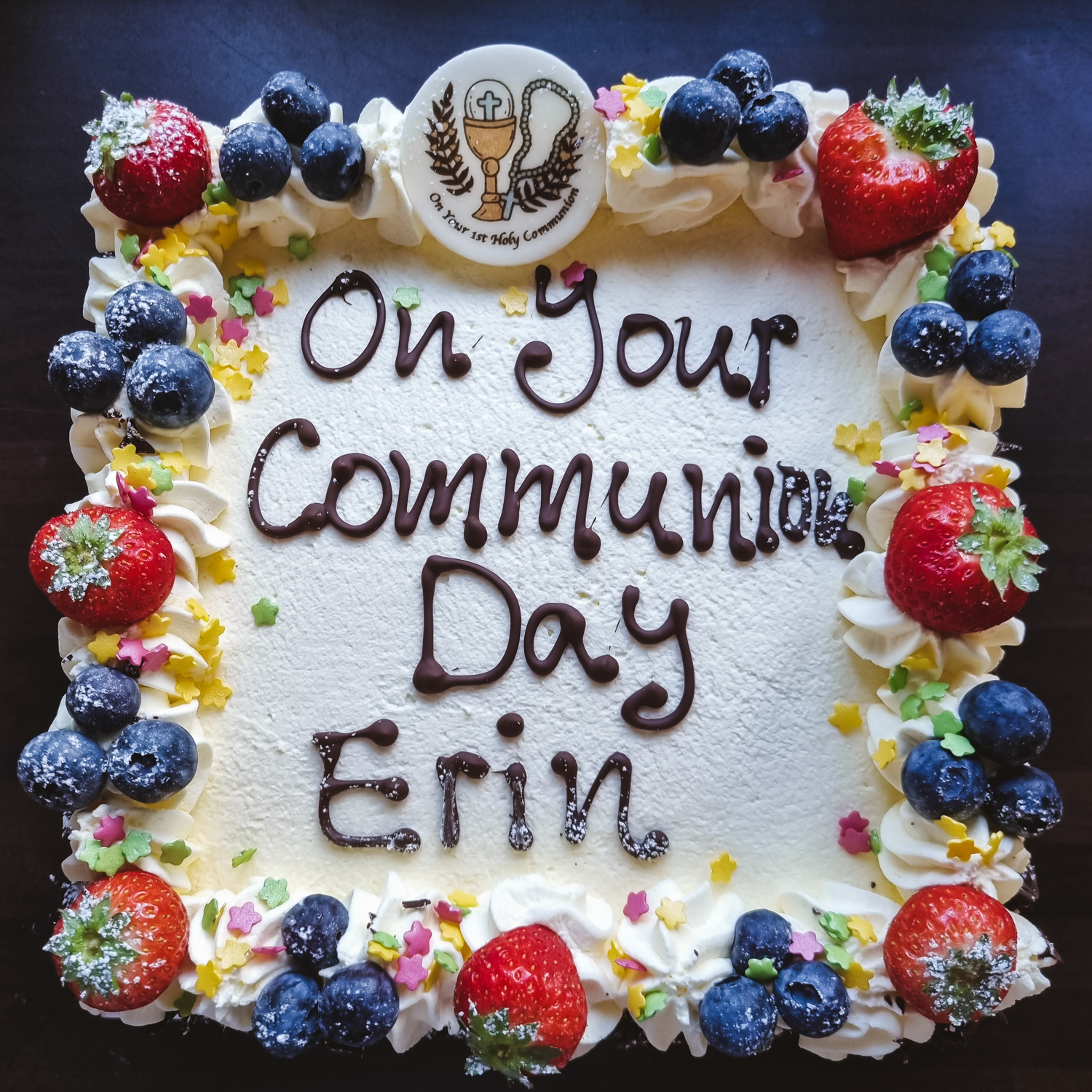 Cream and Strawberries Communion cake with personalized message
