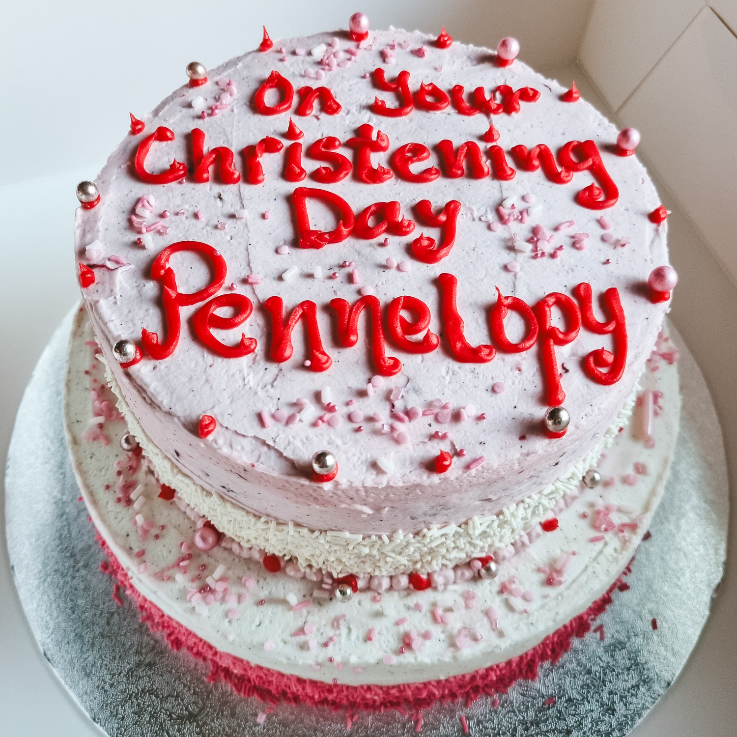 two tier christening cake in pink