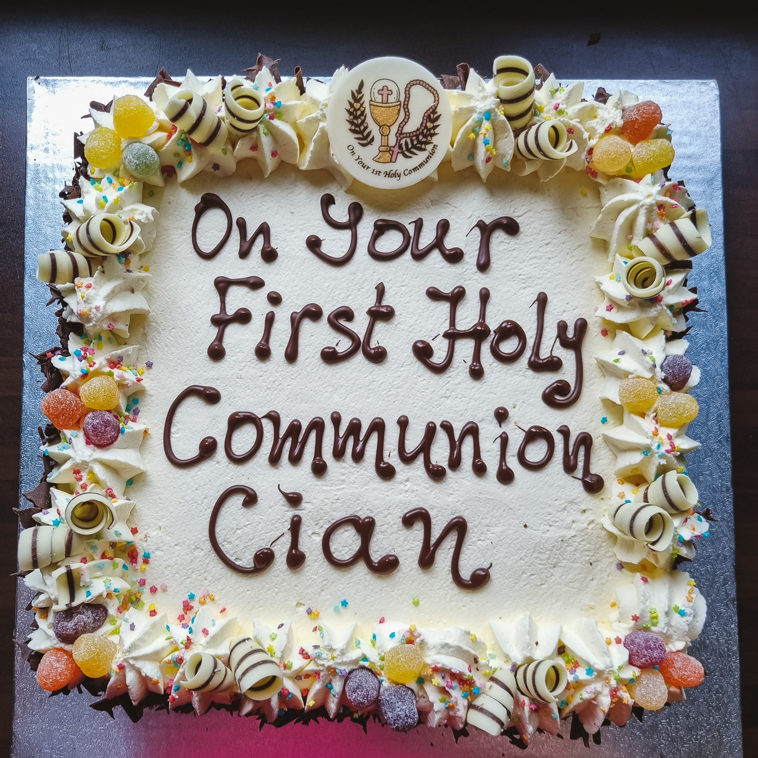 Cream and Strawberries Communion cake with personalized message