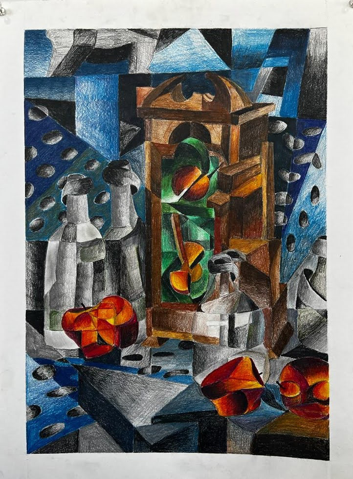 Three Apples and a Clock, 2022. Colored pencil on Stonehenge. 18 x 24 inches.