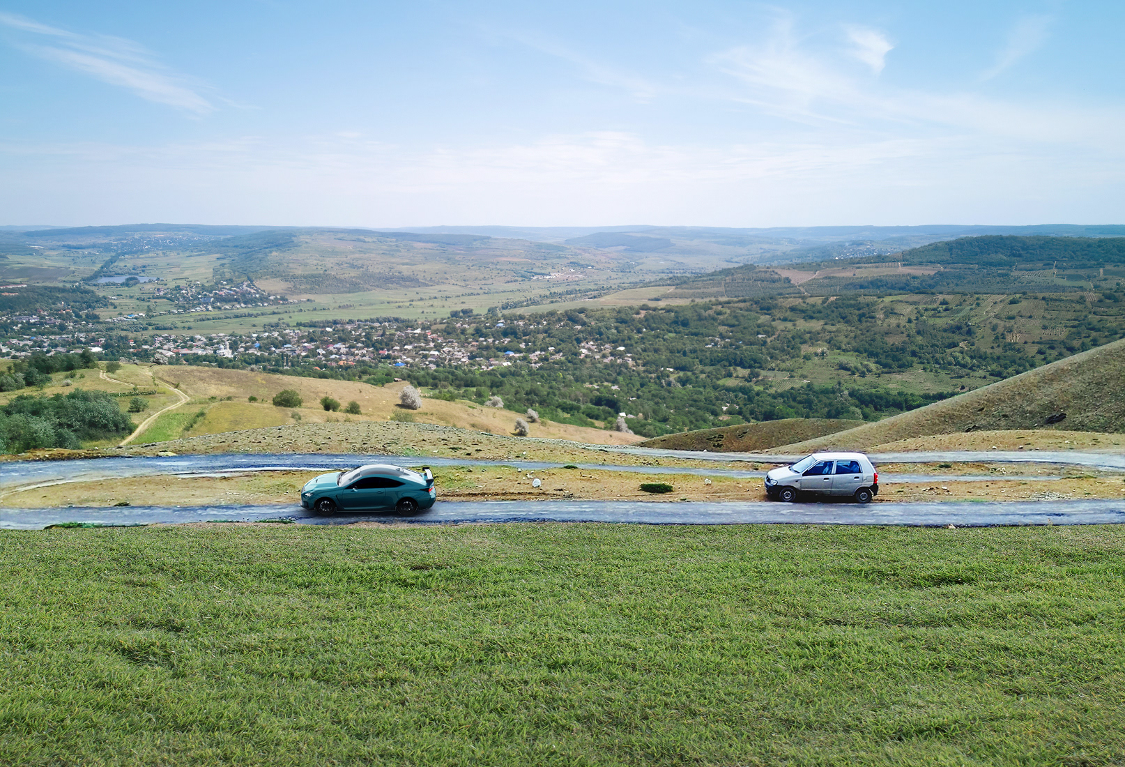 Add a sleek, teal sports coupe driving on the road to the left of the silver hatchback.