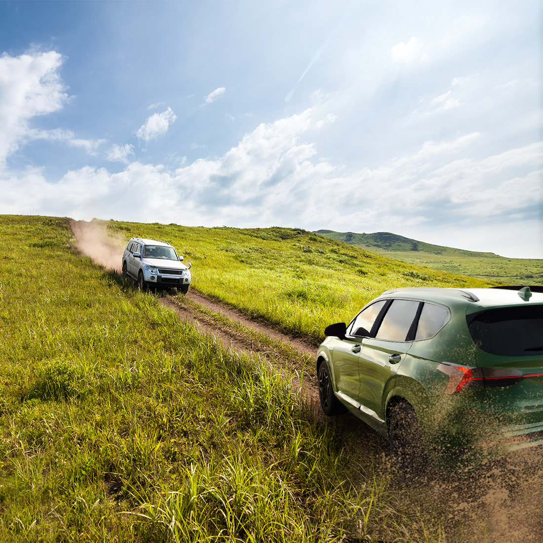 * Add dirt spray and motion blur behind the rear tire of the green SUV in the foreground.