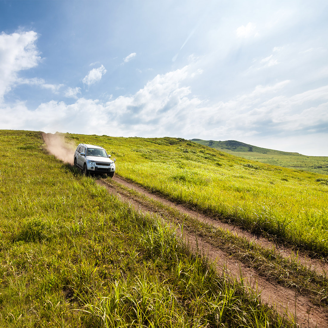 * A white SUV driving along a dirt path through grassy green hills under a bright blue sky.