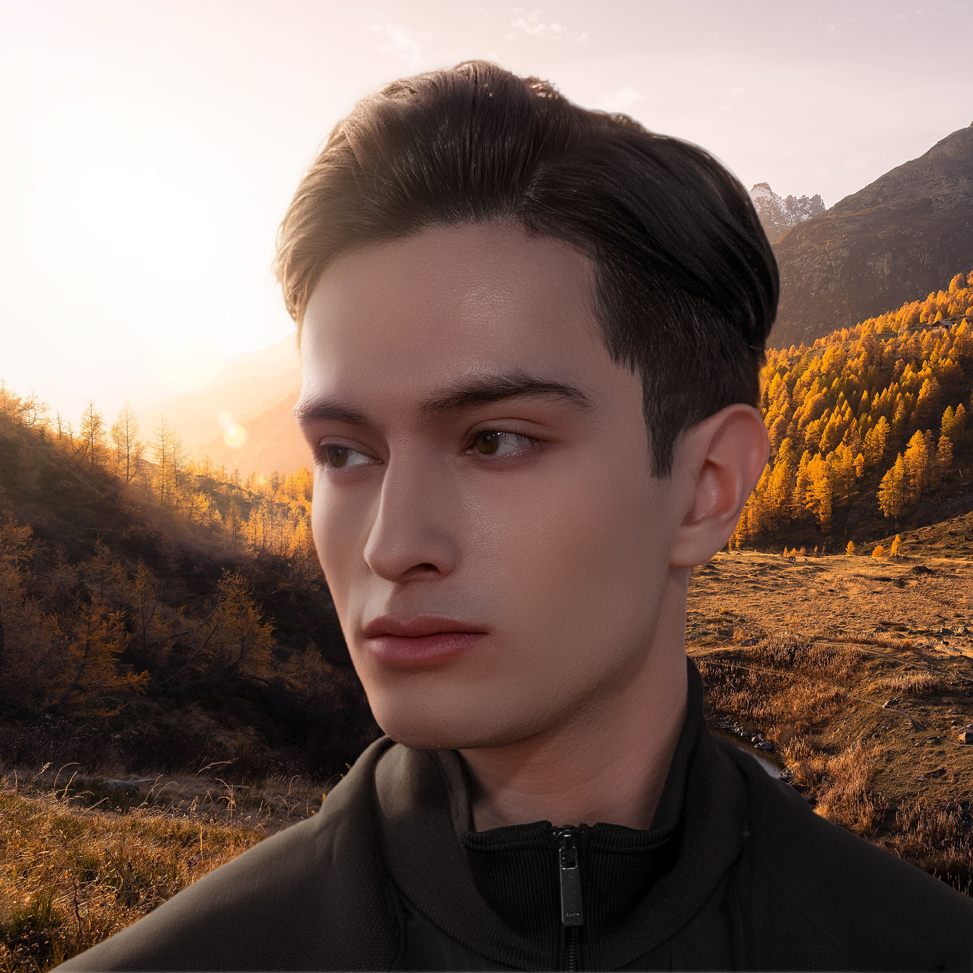 Change the background into scenic mountain landscape with warm golden hour sunlight.