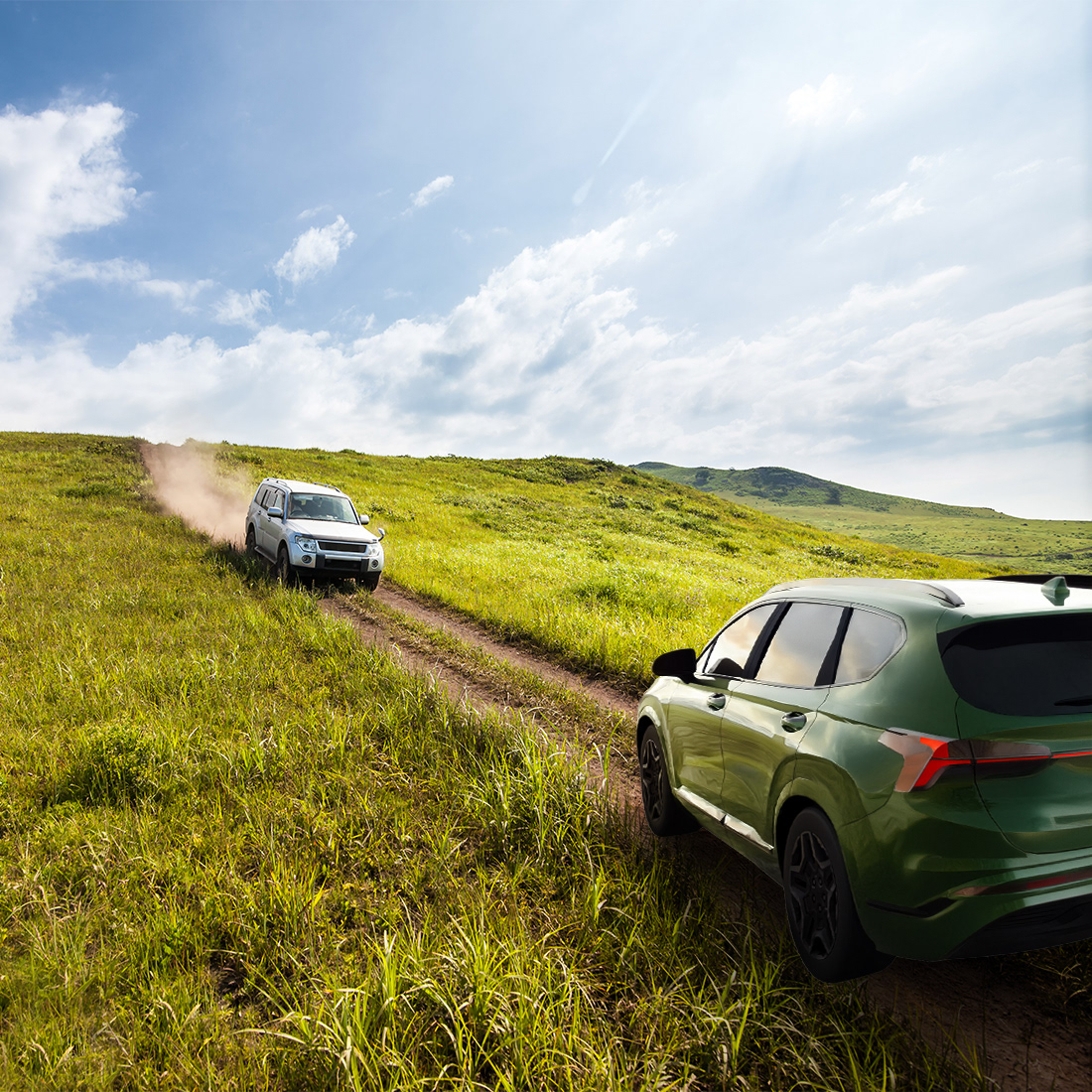 * Add a green SUV in the foreground driving on the right side of the dirt path.