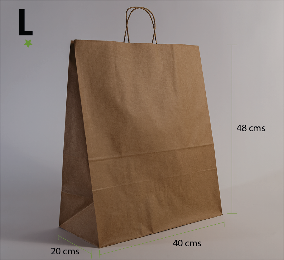 Bolsa Kraft con asas L: 40 + 20 x 48cms - 100 grs.- caja de 150 unidades.