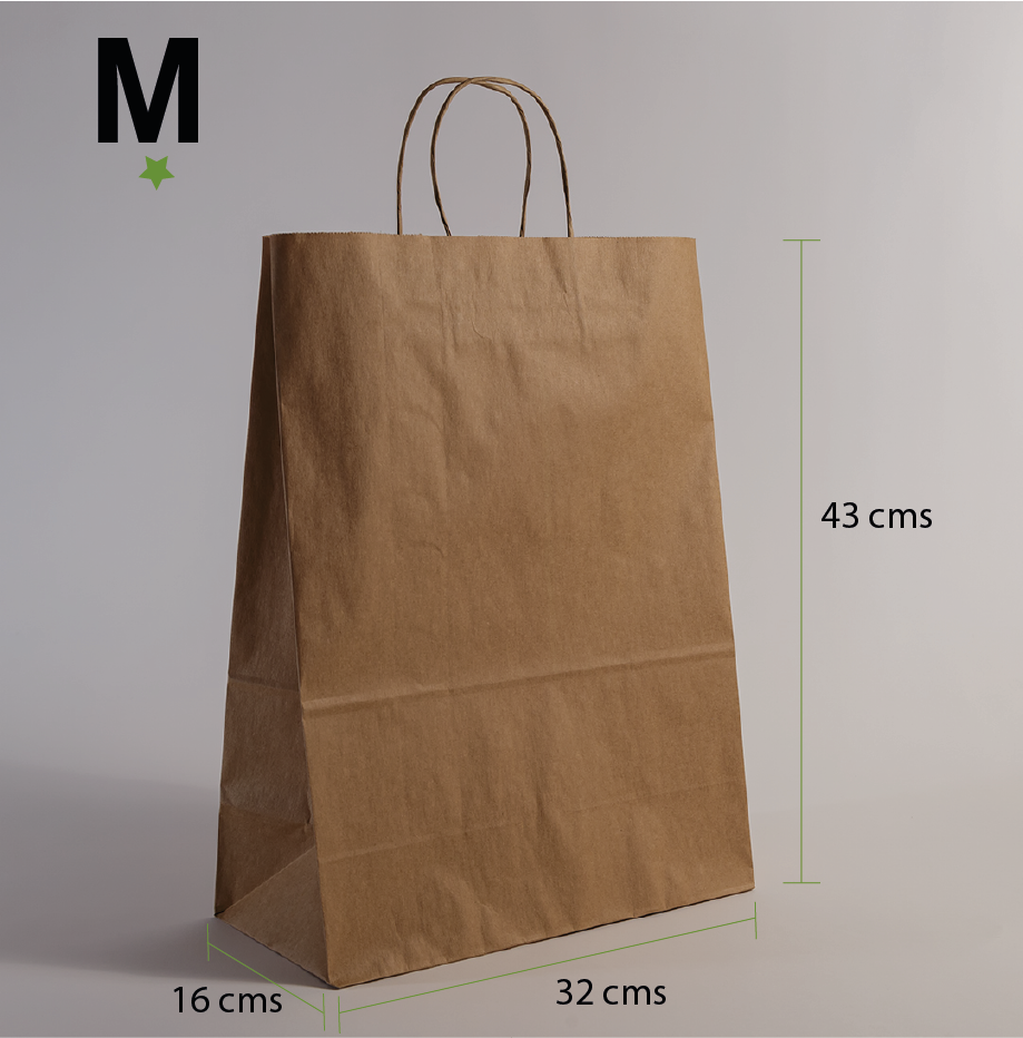 Bolsa Kraft con asas M: 32 + 16 x 43cms - 90 grs. - caja de 250 unidades.