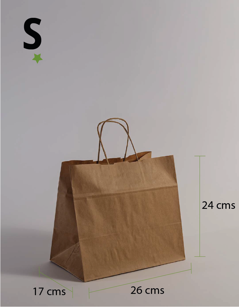 Bolsa Kraft con asas S: 26 + 17 x 24,5cms - 80 grs. - caja de 250 unidades.