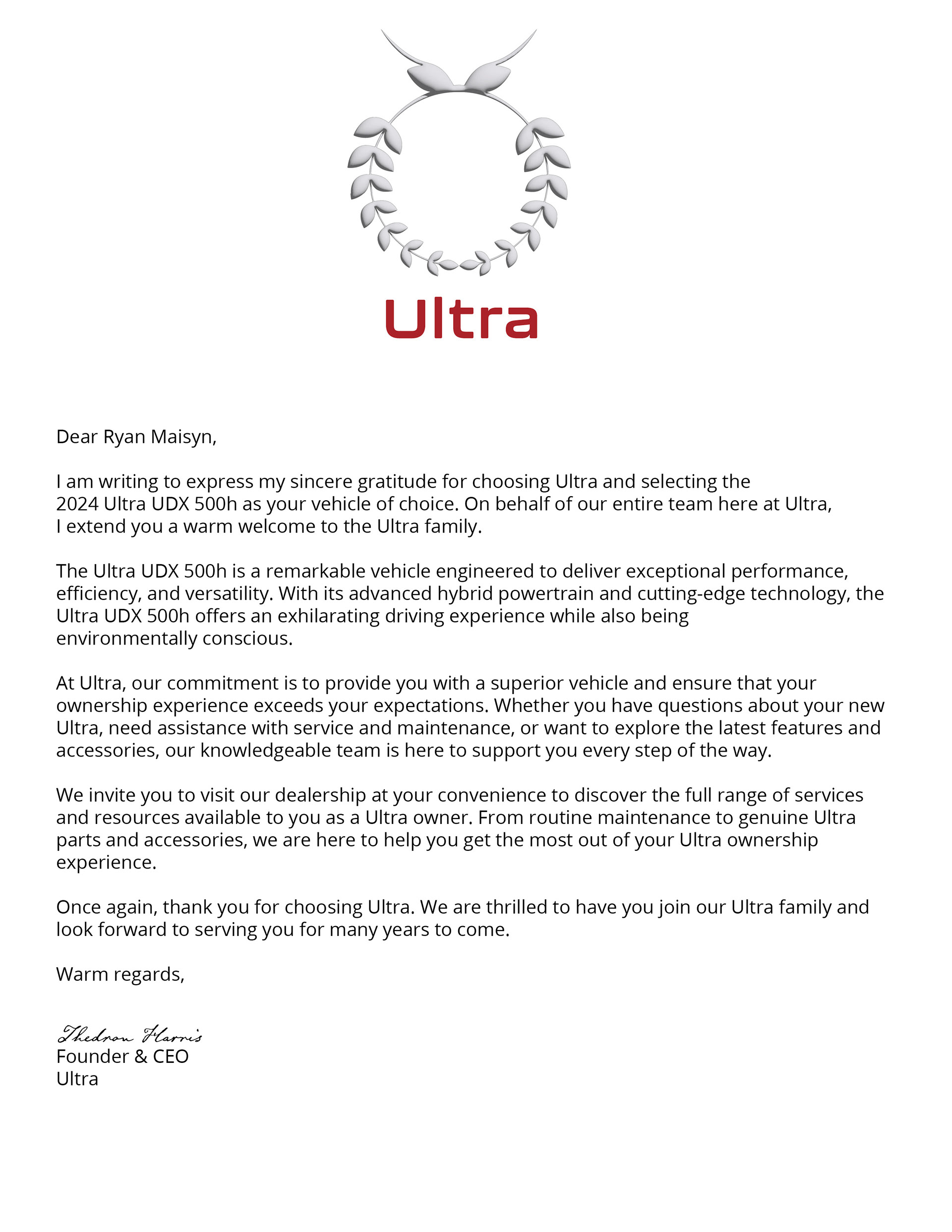 Ultra Welcome Letter