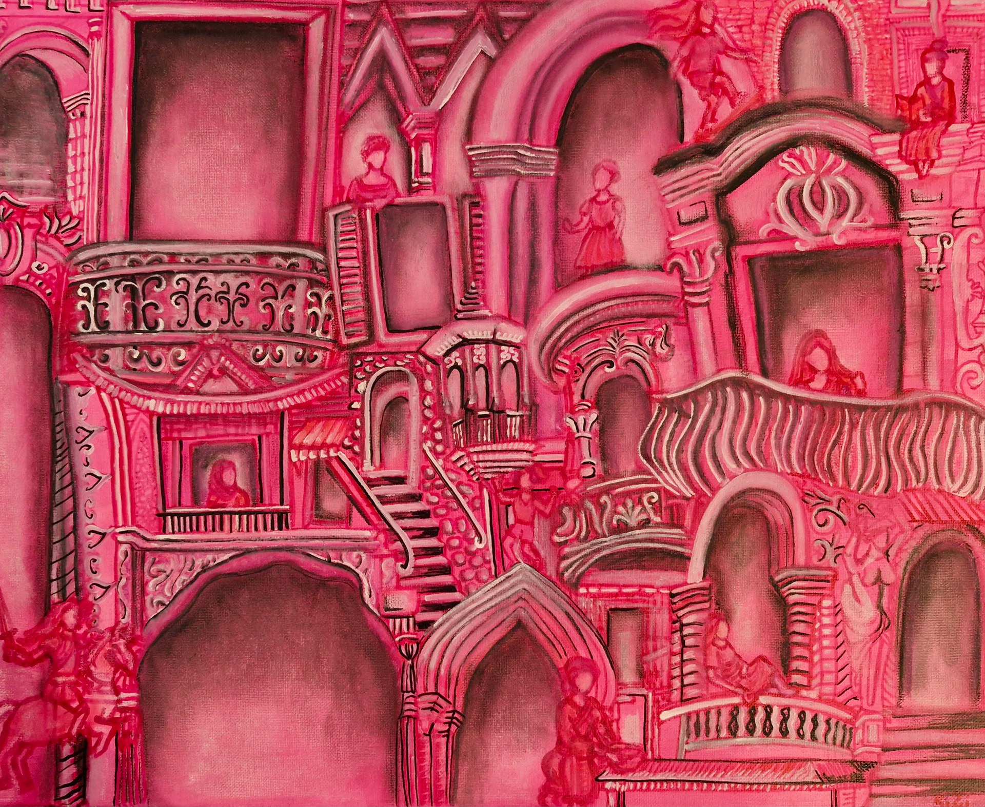Balconies; 2025; Alcohol Markers, Acrylic, Oil Pastels and Oil Markers on Canvas - 16x20
