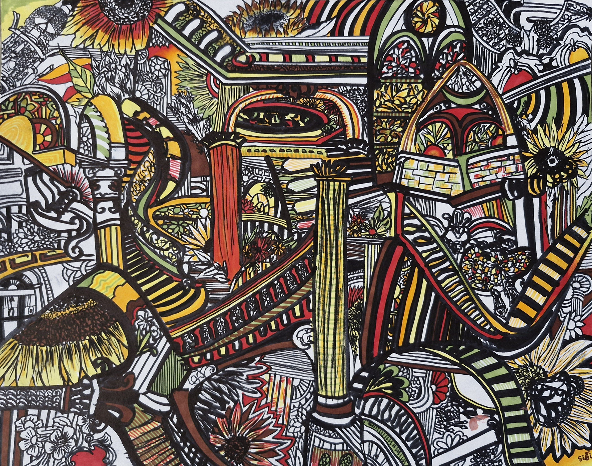 Pillars of Dawn; 2024; Alcohol Markers on Paper - 9x12