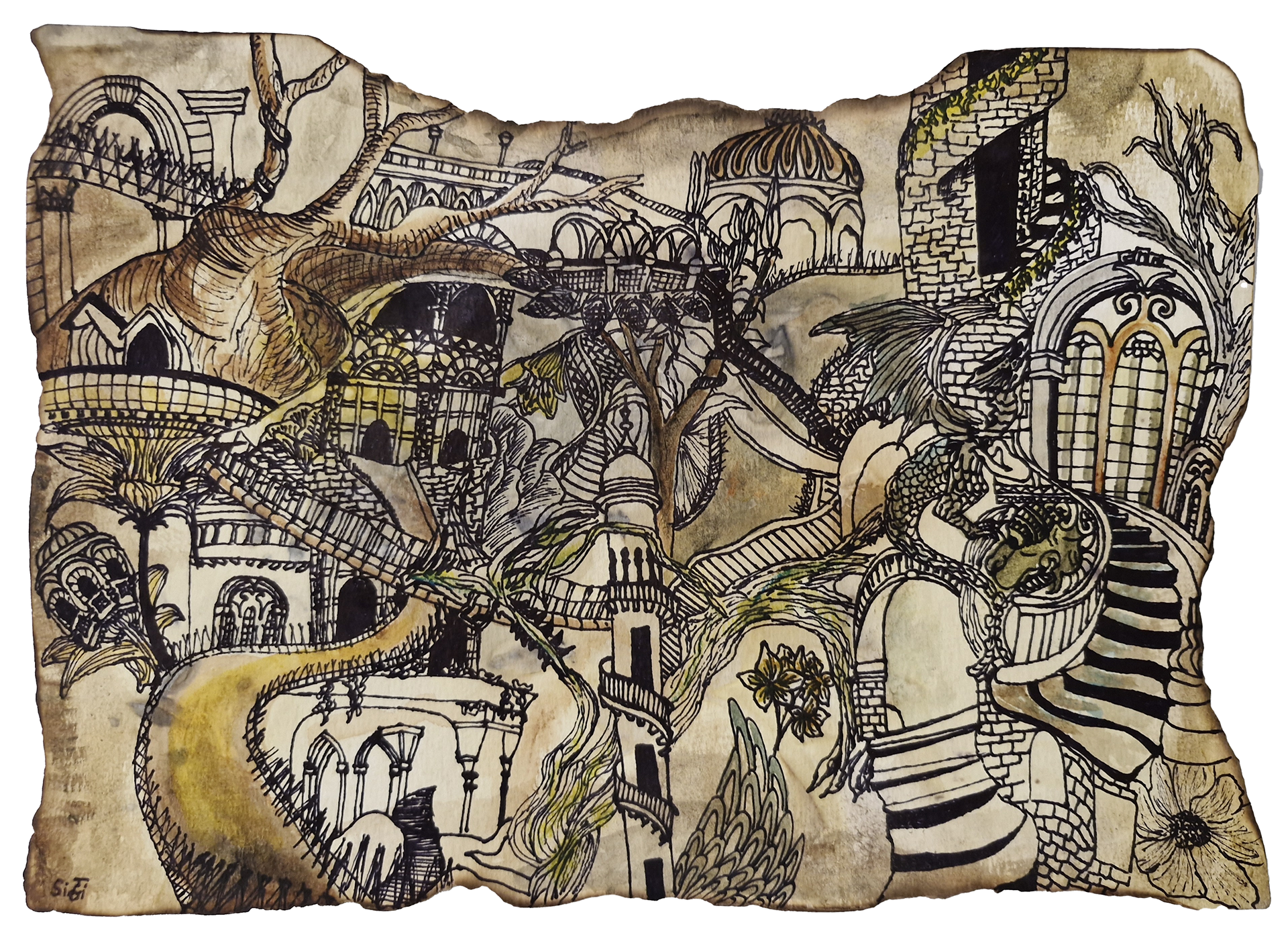 Sylvia; 2025; Markers and Acrylic on Burnt Eco-Dyed Paper - 8x11
