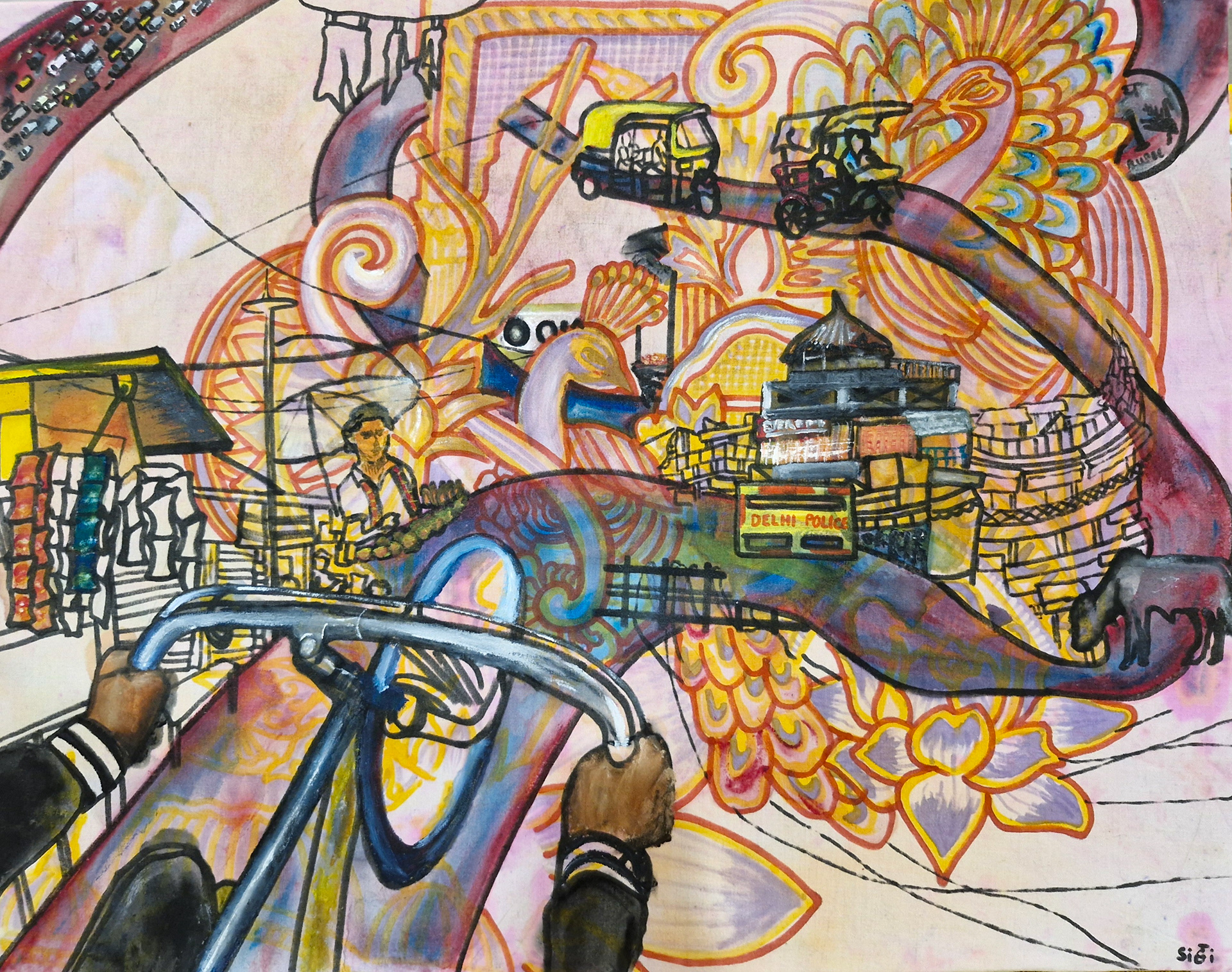 Ride Beyond; 2025; Markers; Acrylic and Gulal on Fabric