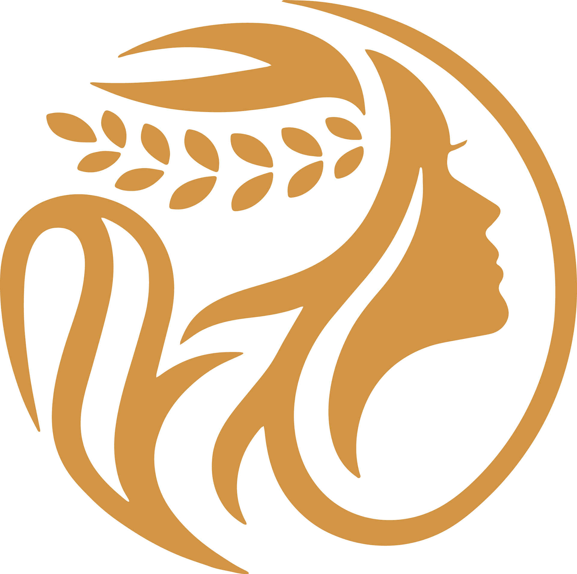 Ein stilisiertes, orangefarbenes Logo auf einem grauen Hintergrund. Es zeigt das Profil einer Frau mit langen, fließenden Haaren, die mit einem Lorbeerkranz geschmückt sind. Die Linien sind elegant und geschwungen, und das gesamte Design ist in einem Kreis angeordnet.