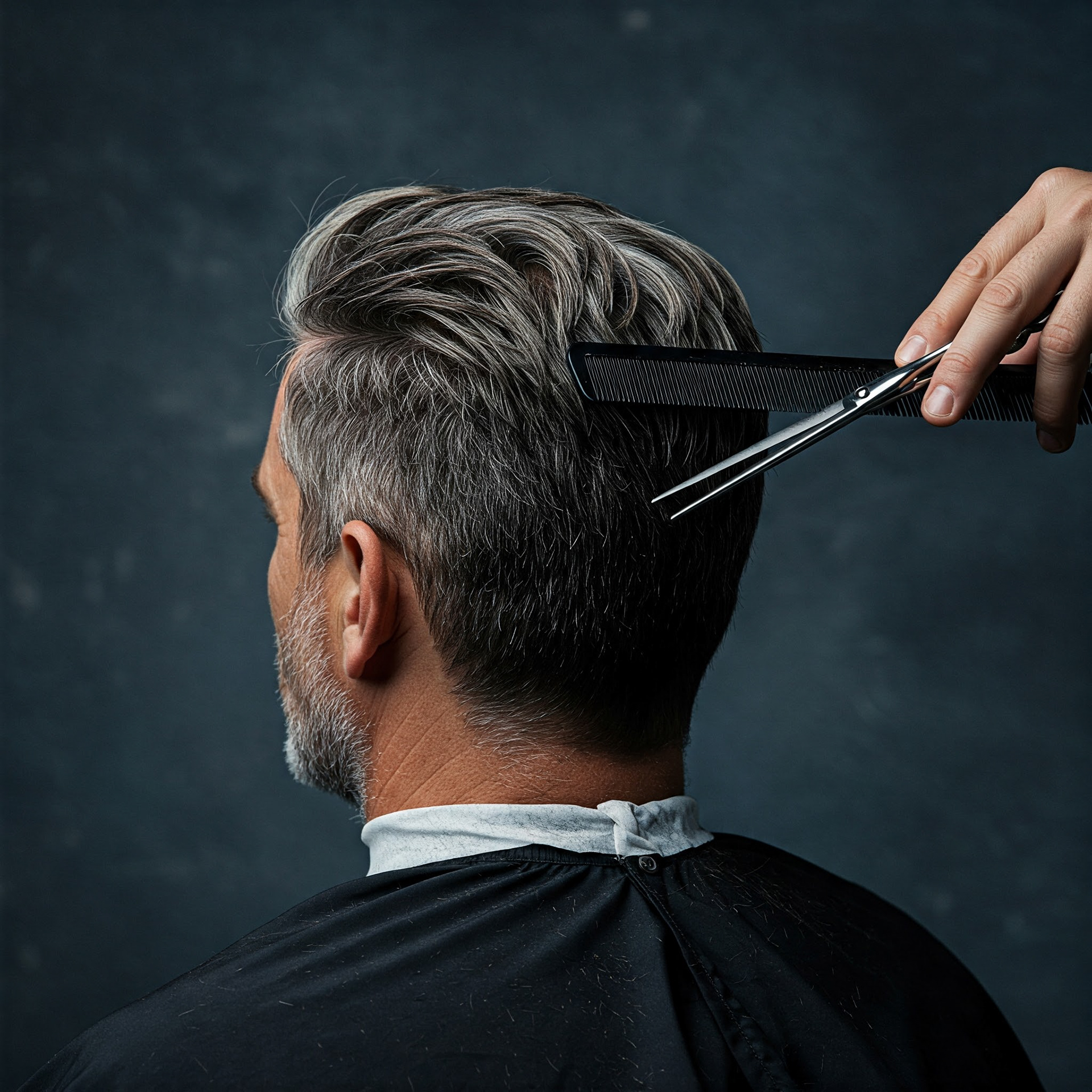 Ein Mann mit grau meliertem Haar erhält einen Haarschnitt mit Schere und Kamm.