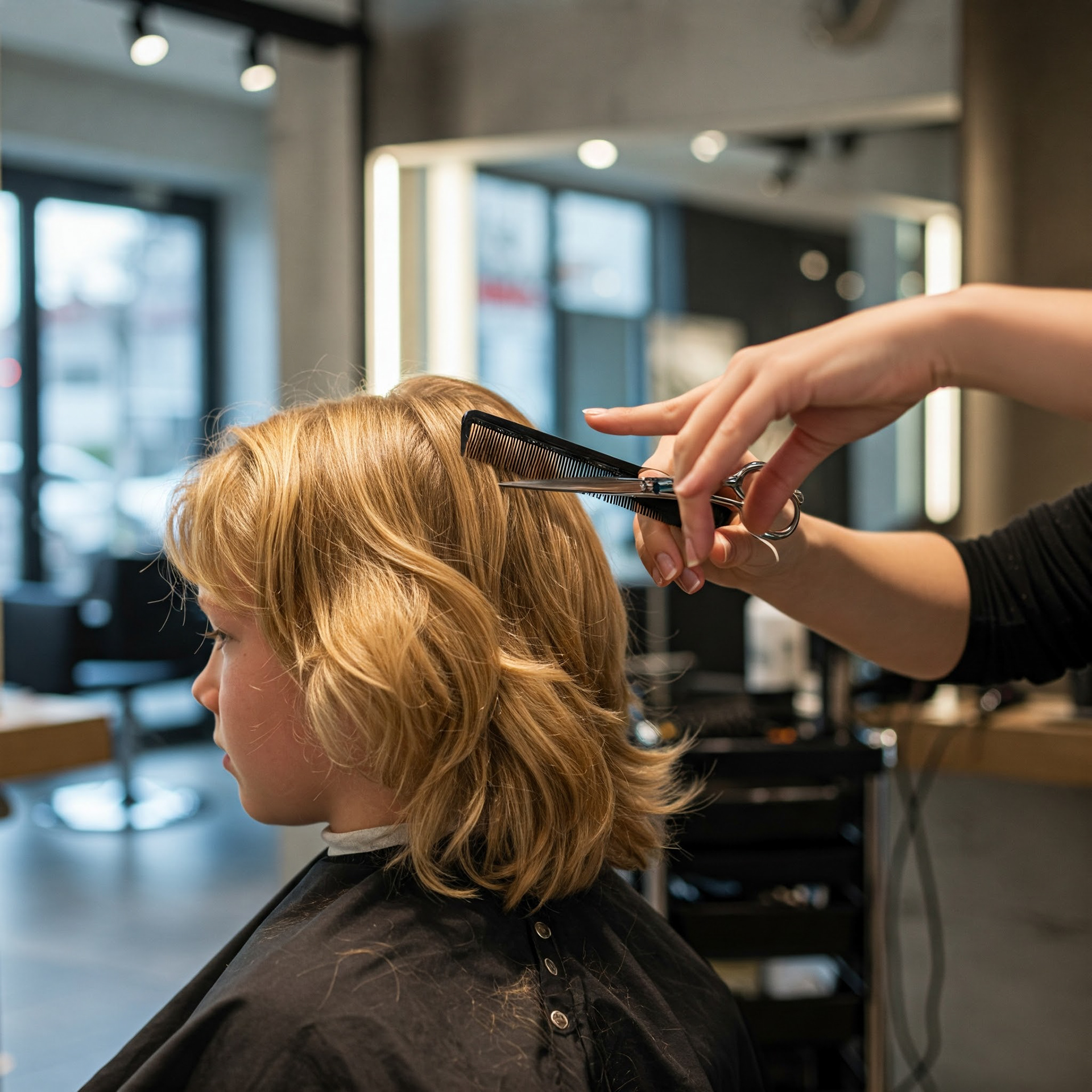 Ein Kind mit blonden, gewellten Haaren sitzt in einem Friseursalon und bekommt die Haare geschnitten. Eine Hand hält einen schwarzen Kamm im Haar des Kindes, während die andere Hand eine silberne Friseurschere benutzt, um die Haare zu schneiden. Das Kind trägt einen schwarzen Friseurumhang. Der Hintergrund zeigt einen hellen Friseursalon mit Spiegeln und Arbeitsbereichen.