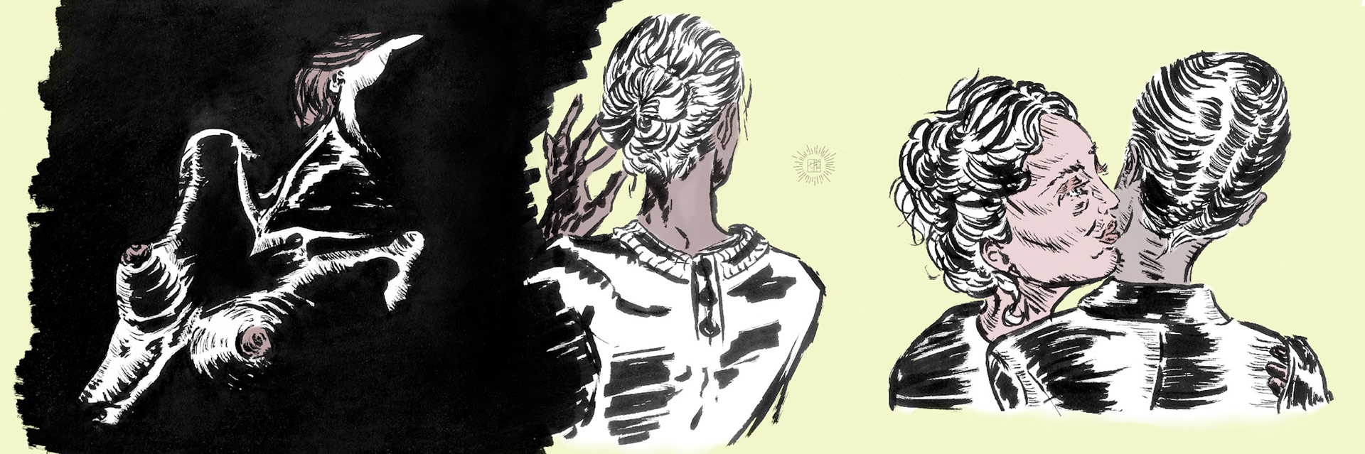 Croquis fait à partir d'un visionnage de film, numérisés et mis en forme via Adobe Photoshop