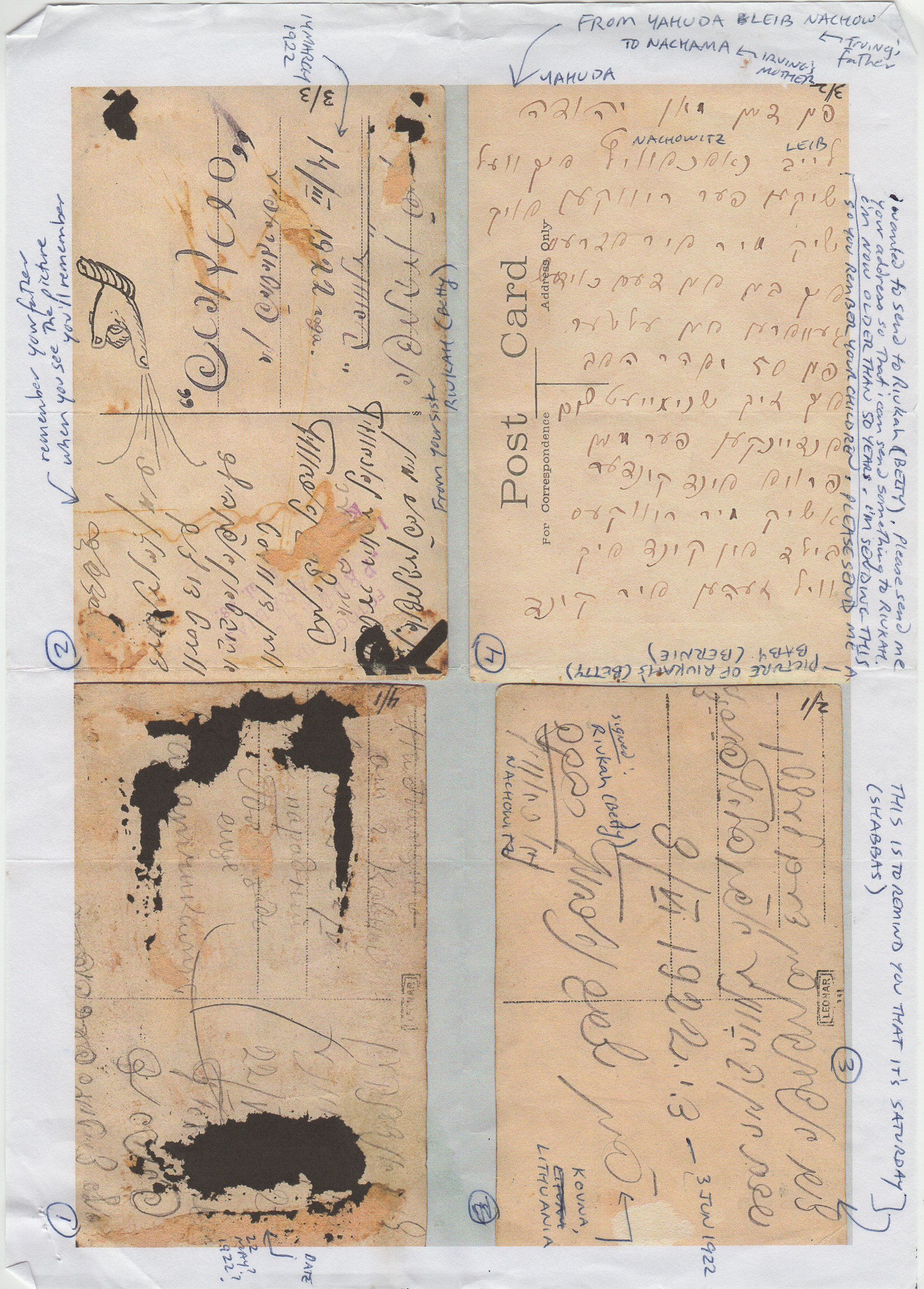 1922 - Postcards from Yehuda Leib to Nachme (his ex-wife)